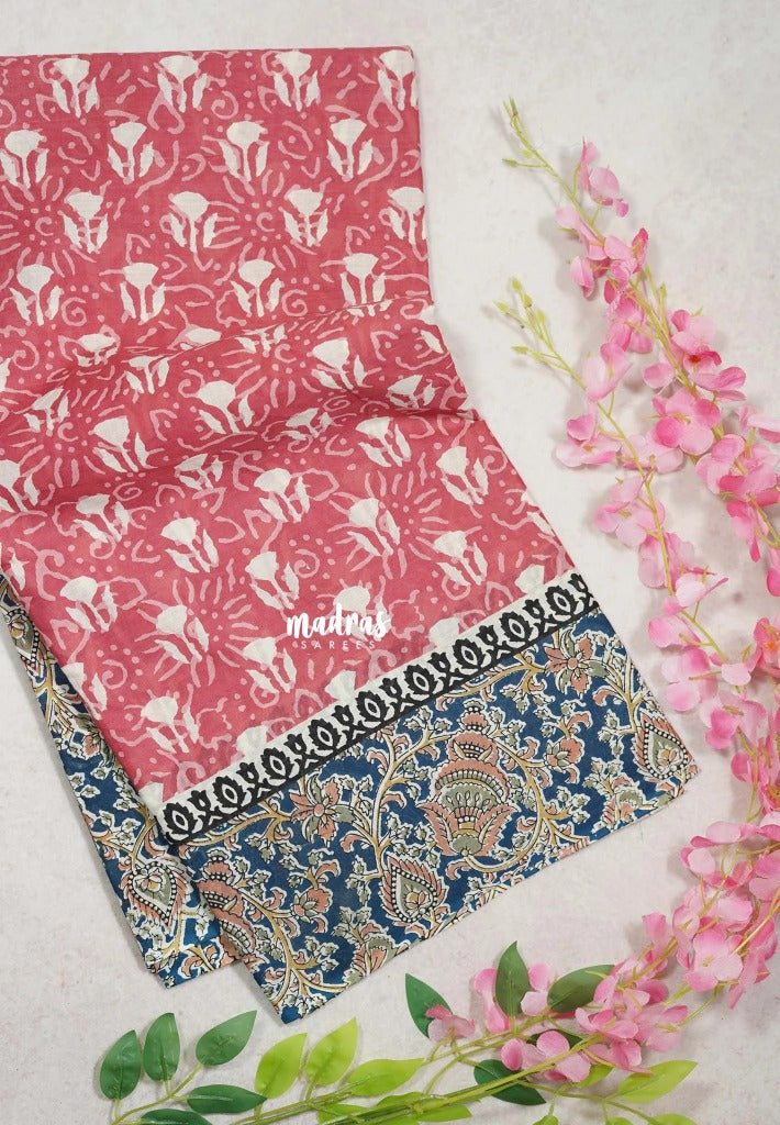 Muted Peach Red - Fine Quality Pure Cotton Saree Bagru Prints Body Kalamkari Border and Pallu - Perfect for Regular Wear | Casual Wear | Summer Wear