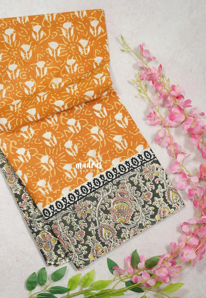 Mustard Yellow - Fine Quality Pure Cotton Saree Bagru Prints Body Kalamkari Border and Pallu - Perfect for Regular Wear | Casual Wear | Summer Wear