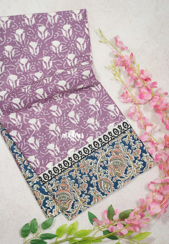 Muted Lilac - Fine Quality Pure Cotton Saree Bagru Prints Body Kalamkari Border and Pallu - Perfect for Regular Wear | Casual Wear | Summer Wear