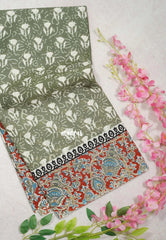 Olive Tone - Fine Quality Pure Cotton Saree Bagru Prints Body Kalamkari Border and Pallu - Perfect for Regular Wear | Casual Wear | Summer Wear