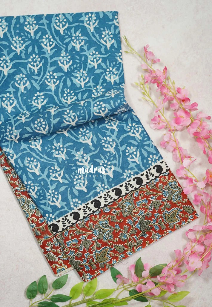 Muted Teal Blue - Fine Quality Pure Cotton Saree with Baghru Prints in Body Kalamkari Border and Pallu  - Perfect for Regular Wear | Casual Wear | Summer Wear