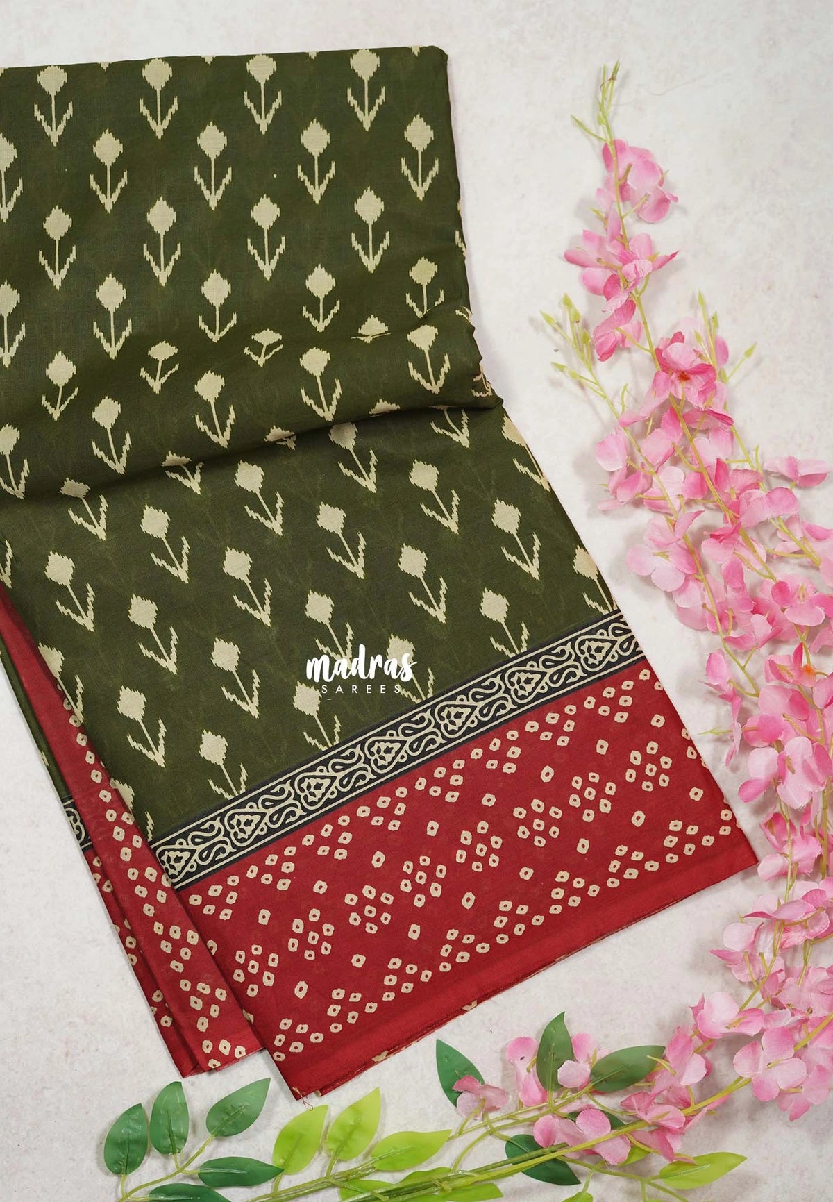 Dark Olive Green - Fine Quality Pure Cotton Saree with Ikkat Prints - Perfect for Regular Wear | Casual Wear | Summer Wear