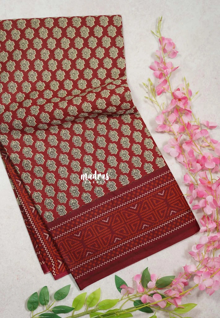 Dark Red - Fine Quality Pure Cotton Saree with Jaipur Prints - Perfect for Regular Wear | Casual Wear | Summer Wear