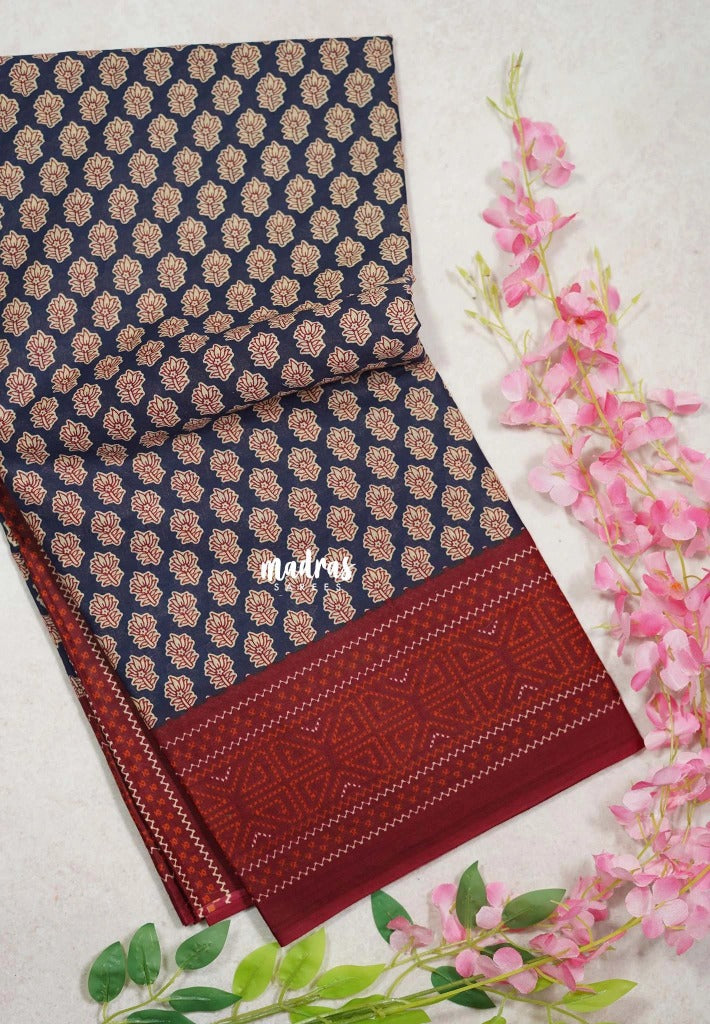 Navy Blue - Fine Quality Pure Cotton Saree with Jaipur Prints - Perfect for Regular Wear | Casual Wear | Summer Wear