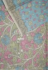 Pastel Blue - Fine Quality Pure Cotton Saree with Kalamkari Floral Design - Perfect for Regular Wear | Casual Wear | Summer Wear