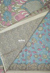 Pastel Blue - Fine Quality Pure Cotton Saree with Kalamkari Floral Design - Perfect for Regular Wear | Casual Wear | Summer Wear