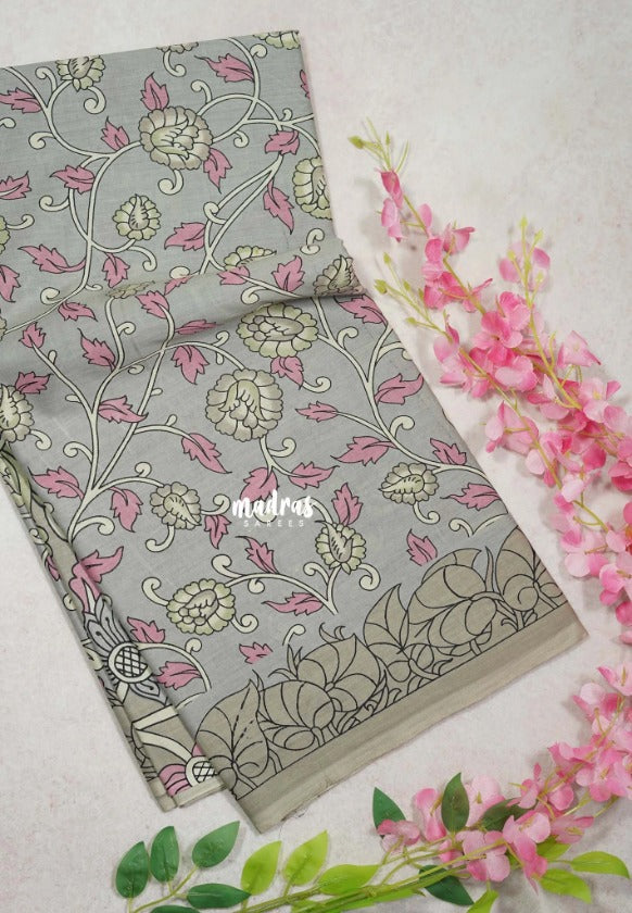 Pastel Grey - Fine Quality Pure Cotton Saree with Kalamkari Floral Design - Perfect for Regular Wear | Casual Wear | Summer Wear