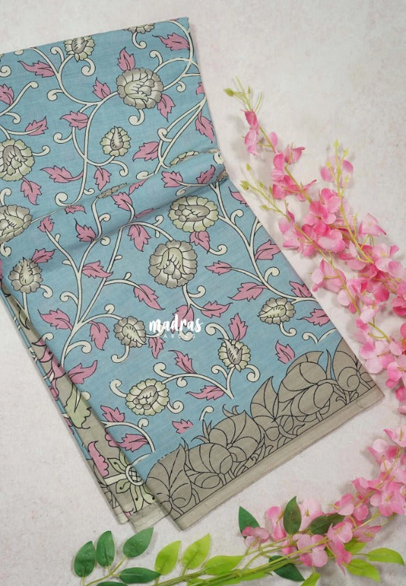 Pastel Blue - Fine Quality Pure Cotton Saree with Kalamkari Floral Design - Perfect for Regular Wear | Casual Wear | Summer Wear