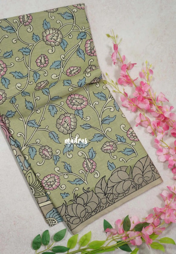Pastel Green - Fine Quality Pure Cotton Saree with Kalamkari Floral Design - Perfect for Regular Wear | Casual Wear | Summer Wear