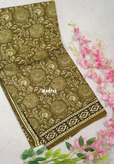 Olive Green with Diamond Border - Fine Quality Pure Cotton Saree with Kalamkari Prints and Small Border - Perfect for Regular Wear | Casual Wear | Summer Wear