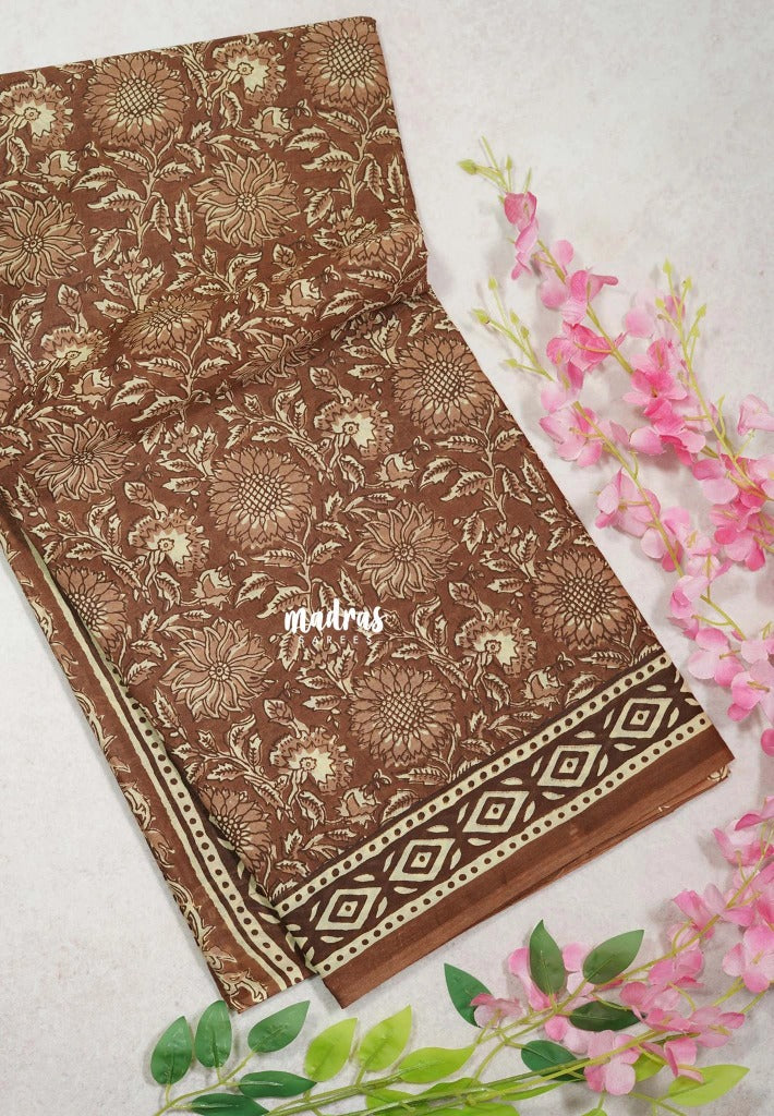 Muted Brown with Diamond Border - Fine Quality Pure Cotton Saree with Kalamkari Prints and Small Border - Perfect for Regular Wear | Casual Wear | Summer Wear