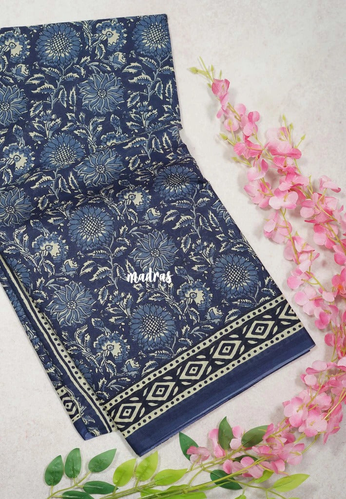 Indigo Blue with Diamond Border - Fine Quality Pure Cotton Saree with Kalamkari Prints and Small Border - Perfect for Regular Wear | Casual Wear | Summer Wear