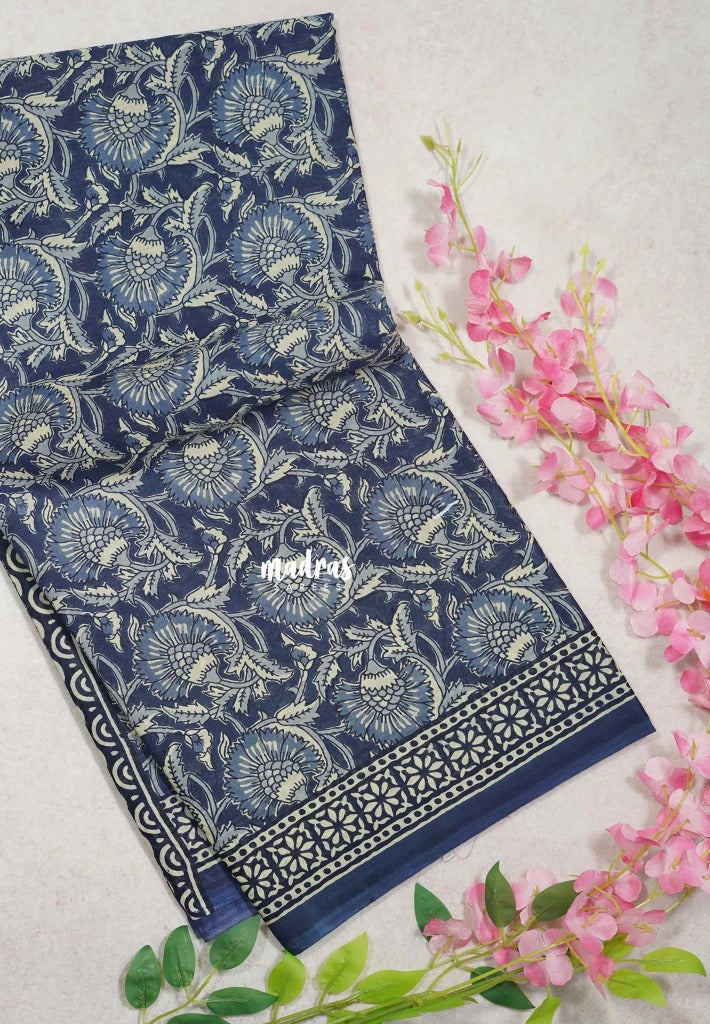 Indigo Blue - Fine Quality Pure Cotton Saree with Kalamkari Prints and Small Border - Perfect for Regular Wear | Casual Wear | Summer Wear