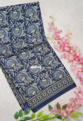 Indigo Blue - Fine Quality Pure Cotton Saree with Kalamkari Prints and Small Border - Perfect for Regular Wear | Casual Wear | Summer Wear