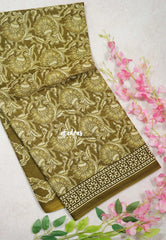 Olive Green - Fine Quality Pure Cotton Saree with Kalamkari Prints and Small Border - Perfect for Regular Wear | Casual Wear | Summer Wear