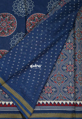 Indigo Blue D7 - Fine Quality Pure Cotton Saree Bagru Prints Body Thread Border - Perfect for Regular Wear | Casual Wear | Summer Wear