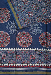 Indigo Blue D7 - Fine Quality Pure Cotton Saree Bagru Prints Body Thread Border - Perfect for Regular Wear | Casual Wear | Summer Wear