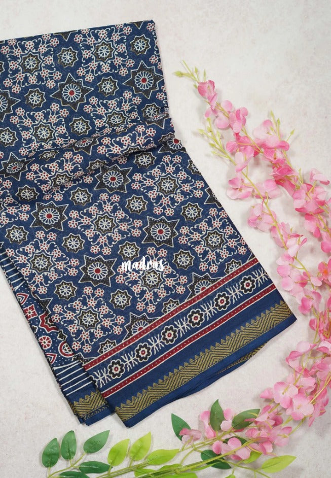Indigo Blue D4 - Fine Quality Pure Cotton Saree Bagru Prints Body Thread Border - Perfect for Regular Wear | Casual Wear | Summer Wear