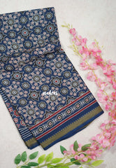 Indigo Blue D4 - Fine Quality Pure Cotton Saree Bagru Prints Body Thread Border - Perfect for Regular Wear | Casual Wear | Summer Wear