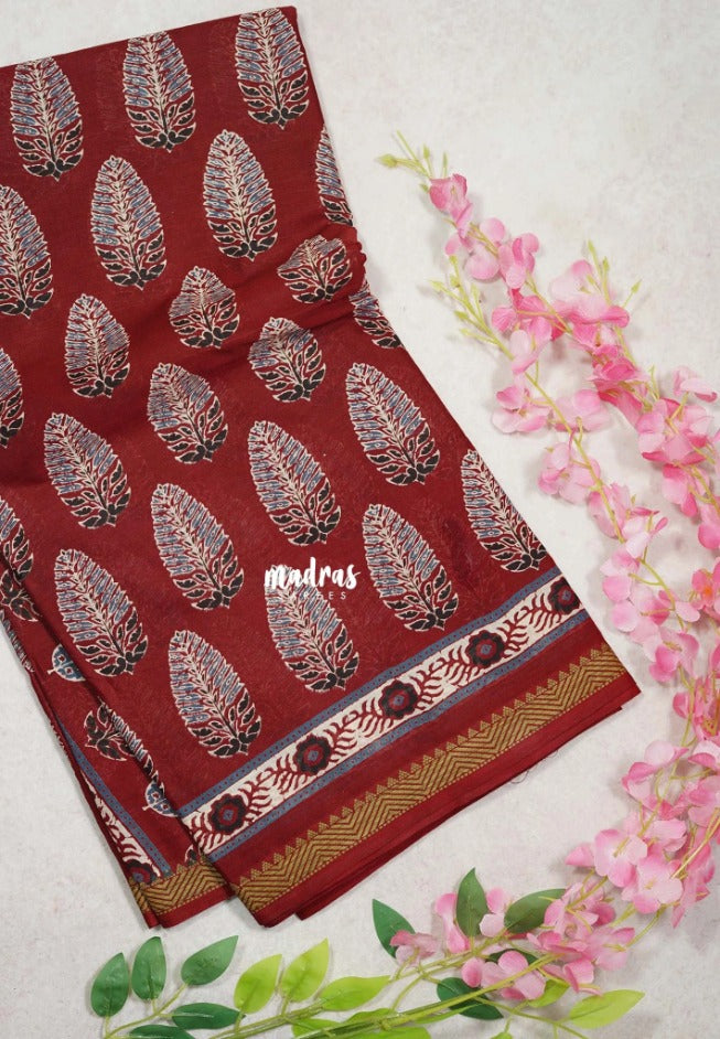 Reddish Maroon D2 - Fine Quality Pure Cotton Saree Bagru Prints Body Thread Border - Perfect for Regular Wear | Casual Wear | Summer Wear