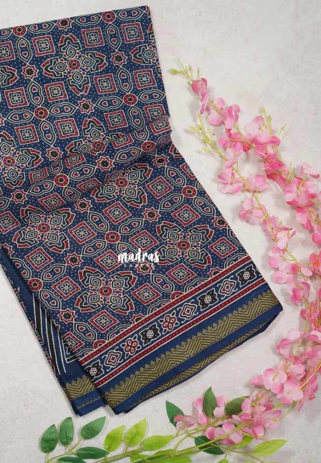 Indigo Blue D5 - Fine Quality Pure Cotton Saree Bagru Prints Body Thread Border - Perfect for Regular Wear | Casual Wear | Summer Wear