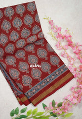 Reddish Maroon D1- Fine Quality Pure Cotton Saree Bagru Prints Body Thread Border - Perfect for Regular Wear | Casual Wear | Summer Wear