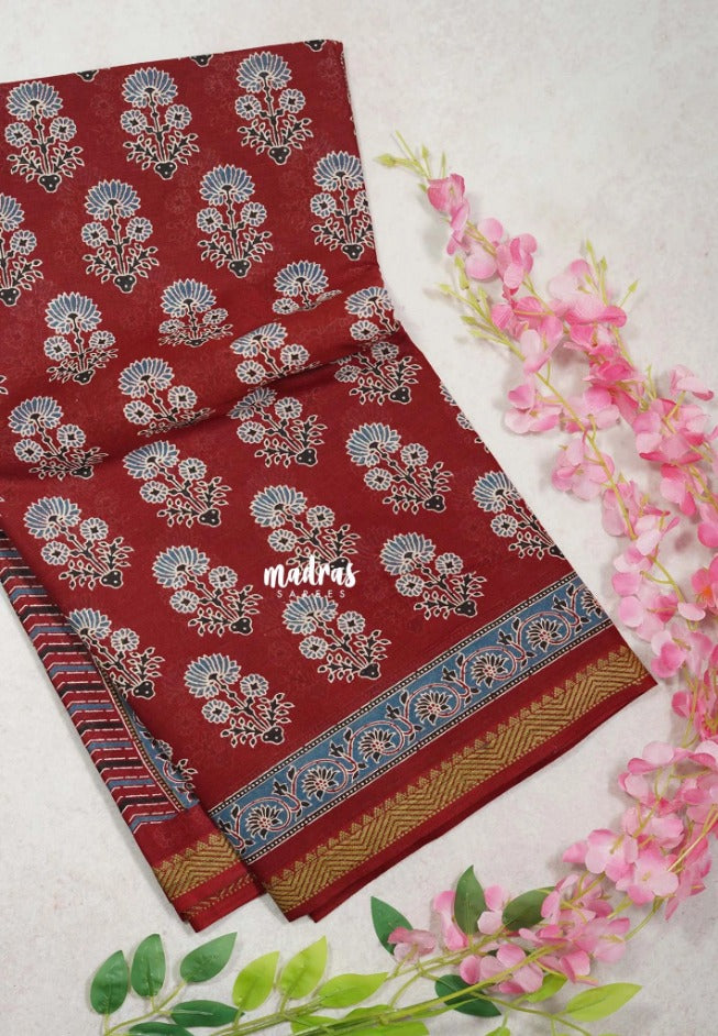 Reddish Maroon D3 - Fine Quality Pure Cotton Saree Bagru Prints Body Thread  Border - Perfect for Regular Wear | Casual Wear | Summer Wear