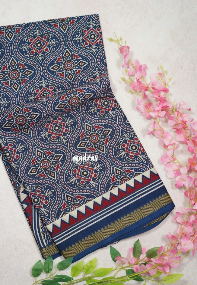 Indigo Blue D7 - Fine Quality Pure Cotton Saree Bagru Prints Body Thread Border - Perfect for Regular Wear | Casual Wear | Summer Wear