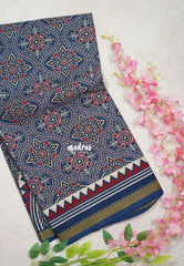 Indigo Blue D7 - Fine Quality Pure Cotton Saree Bagru Prints Body Thread Border - Perfect for Regular Wear | Casual Wear | Summer Wear