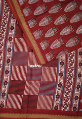 Reddish Maroon D2 - Fine Quality Pure Cotton Saree Bagru Prints Body Thread Border - Perfect for Regular Wear | Casual Wear | Summer Wear