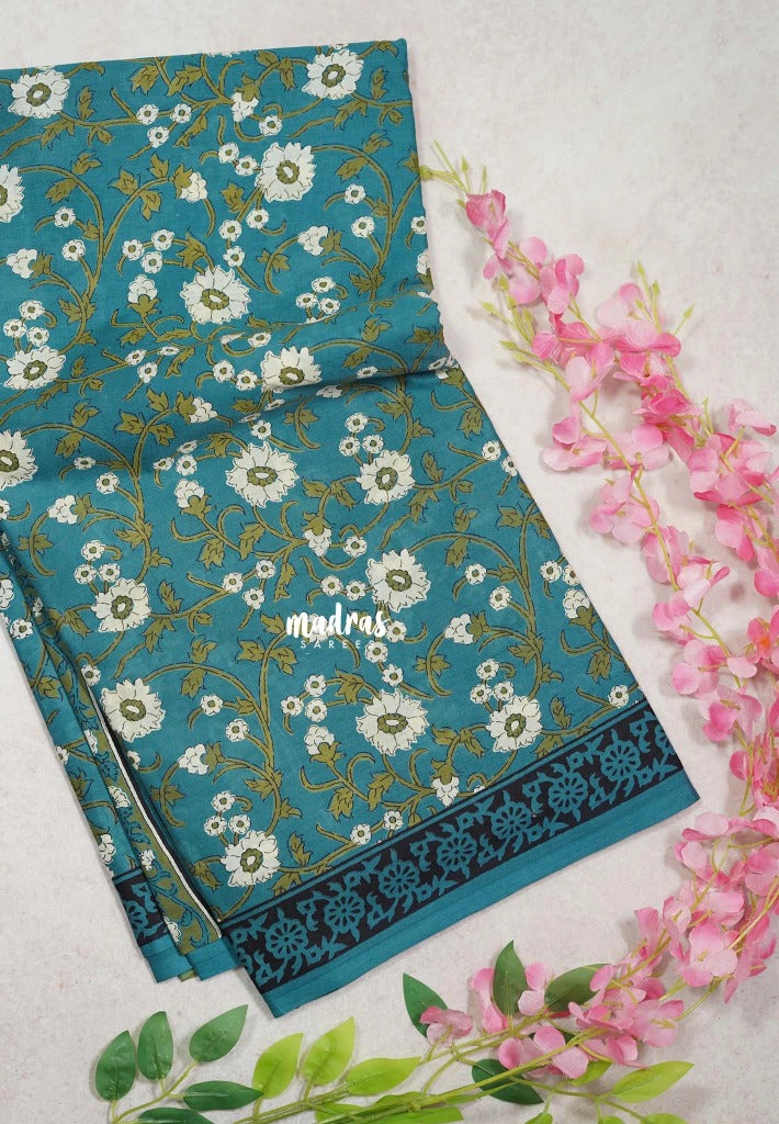 Mustard Teal Green - Fine Quality Pure Cotton Saree Floral Prints - Perfect for Regular Wear | Casual Wear | Summer Wear