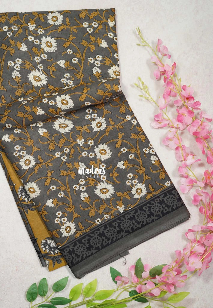 Grey - Fine Quality Pure Cotton Saree Floral Prints - Perfect for Regular Wear | Casual Wear | Summer Wear