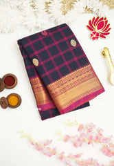 Fusion chettinad cotton kattam with zari border Navy Blue