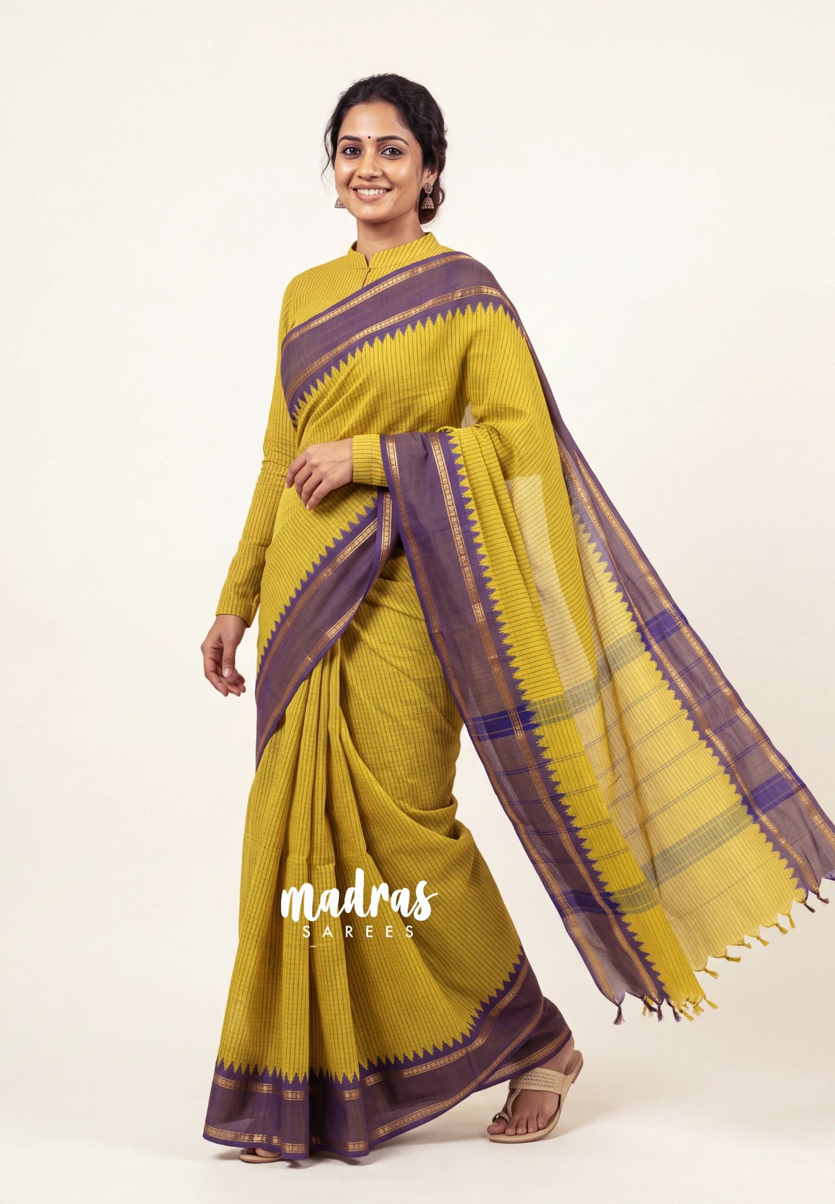 Greenish Yellow -  Karthigai Mercerised cotton rettapeta border with muthu kattam