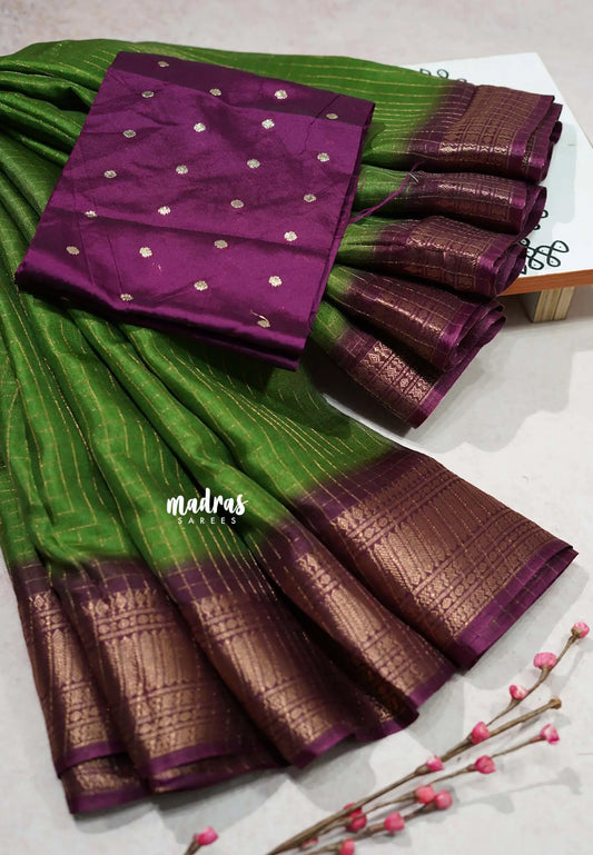 Green with winered - Meenakari printed silk with zari checks body