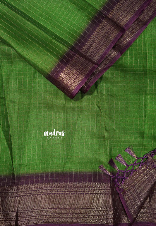 Green with winered - Meenakari printed silk with zari checks body