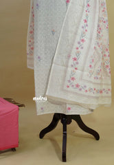 Amitha –  Half White Hakkoba  Cotton with Floral Yoke and Dupatta