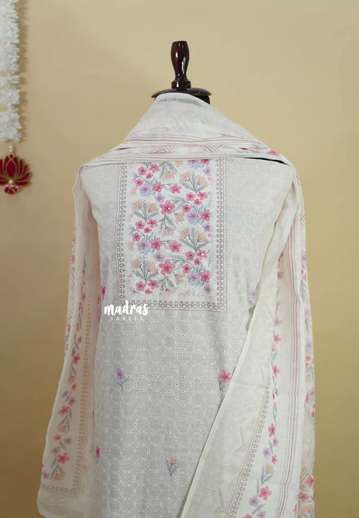 Amitha –  Half White Hakkoba  Cotton with Floral Yoke and Dupatta