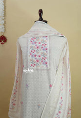 Amitha –  Half White Hakkoba  Cotton with Floral Yoke and Dupatta