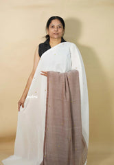 Chocolate Brown and white  - Soft mul cotton with gini works half and half pattern No Blouse