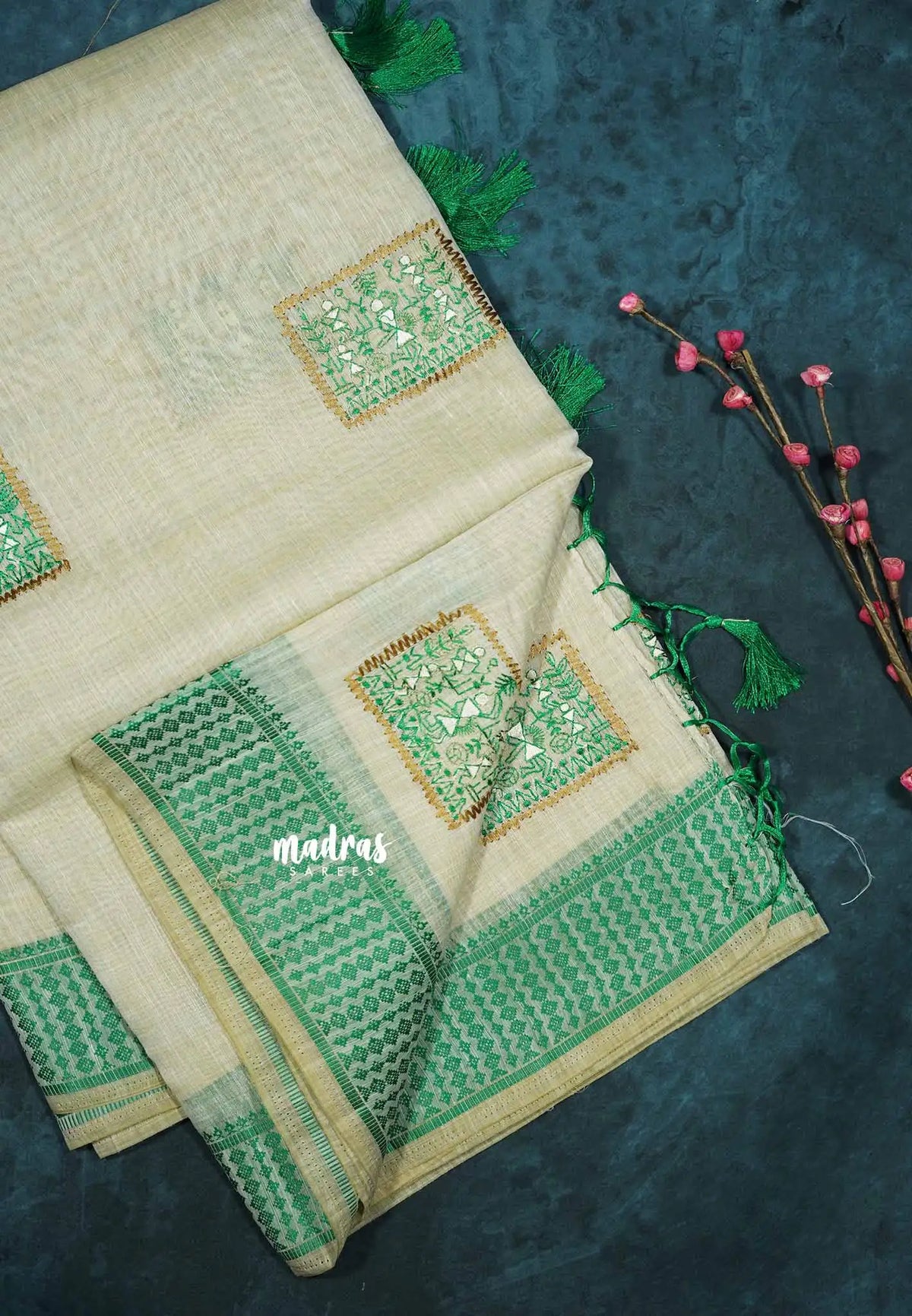 Design 5- Halfwhite Haasini - Bamboo cotton silk with warli embroidery