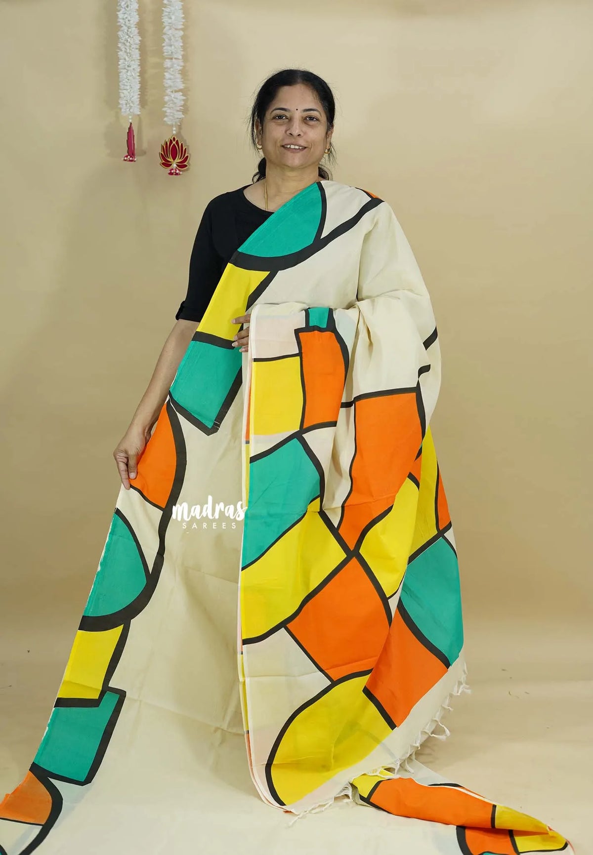 Rainbow dreams - Halfwhite with multicolor saree double blouse - Organic Bamboo Cotton fully hand painted