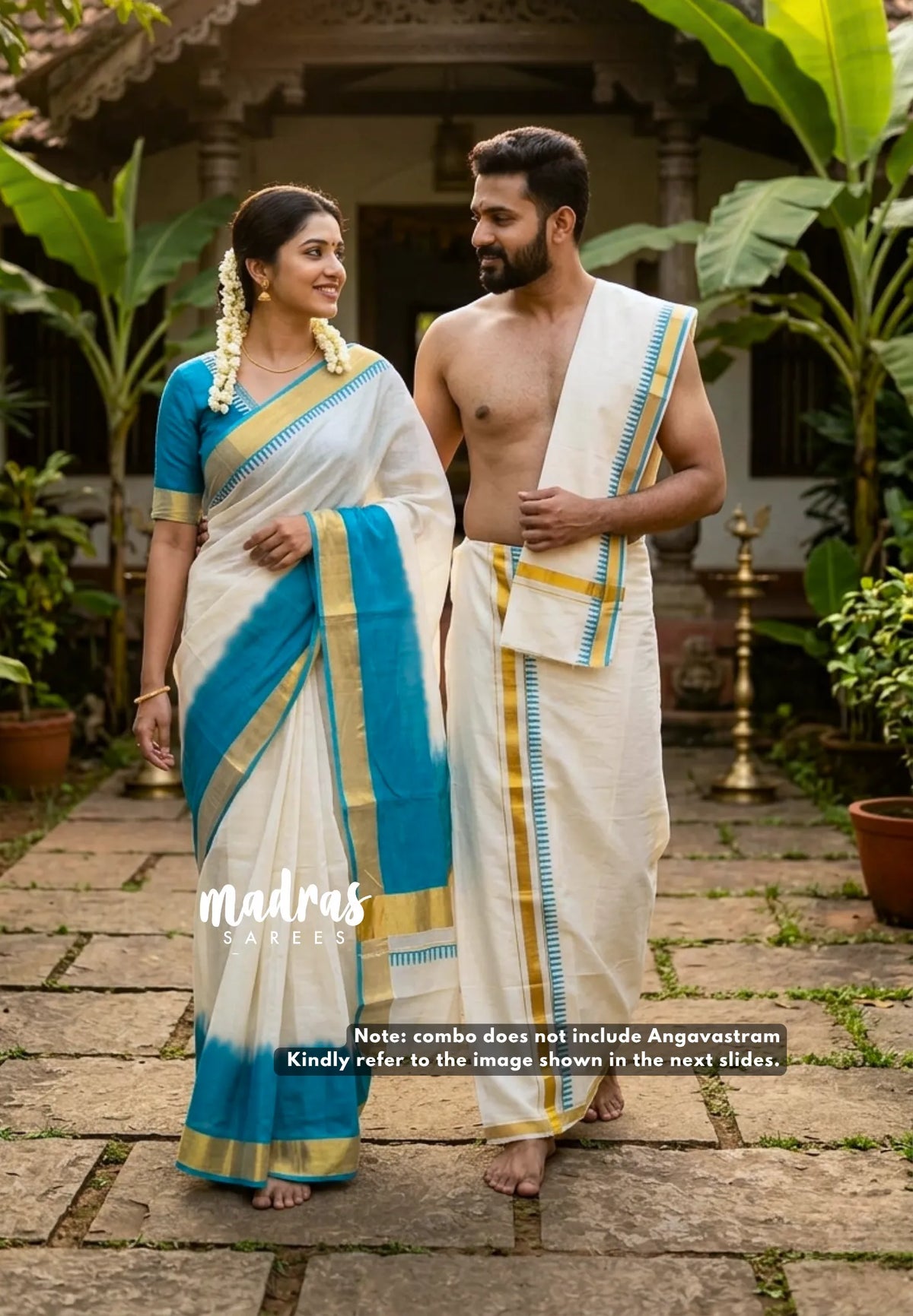 Ivory white with Blue - Hand-Painted South Cotton Haldi Special Saree & Raw Silk Dhoti Combo for Couples