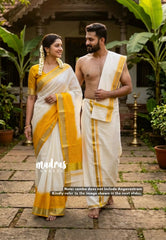 Hand-Painted South Cotton Haldi Special Saree & Raw Silk Dhoti Combo for Couples