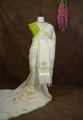 (PRE-BOOKING) Ivory Beige with Green - Oviyam - Madras Margazhi Special Handblock kolam Printed Bamboo Cotton Double Blouse Combo