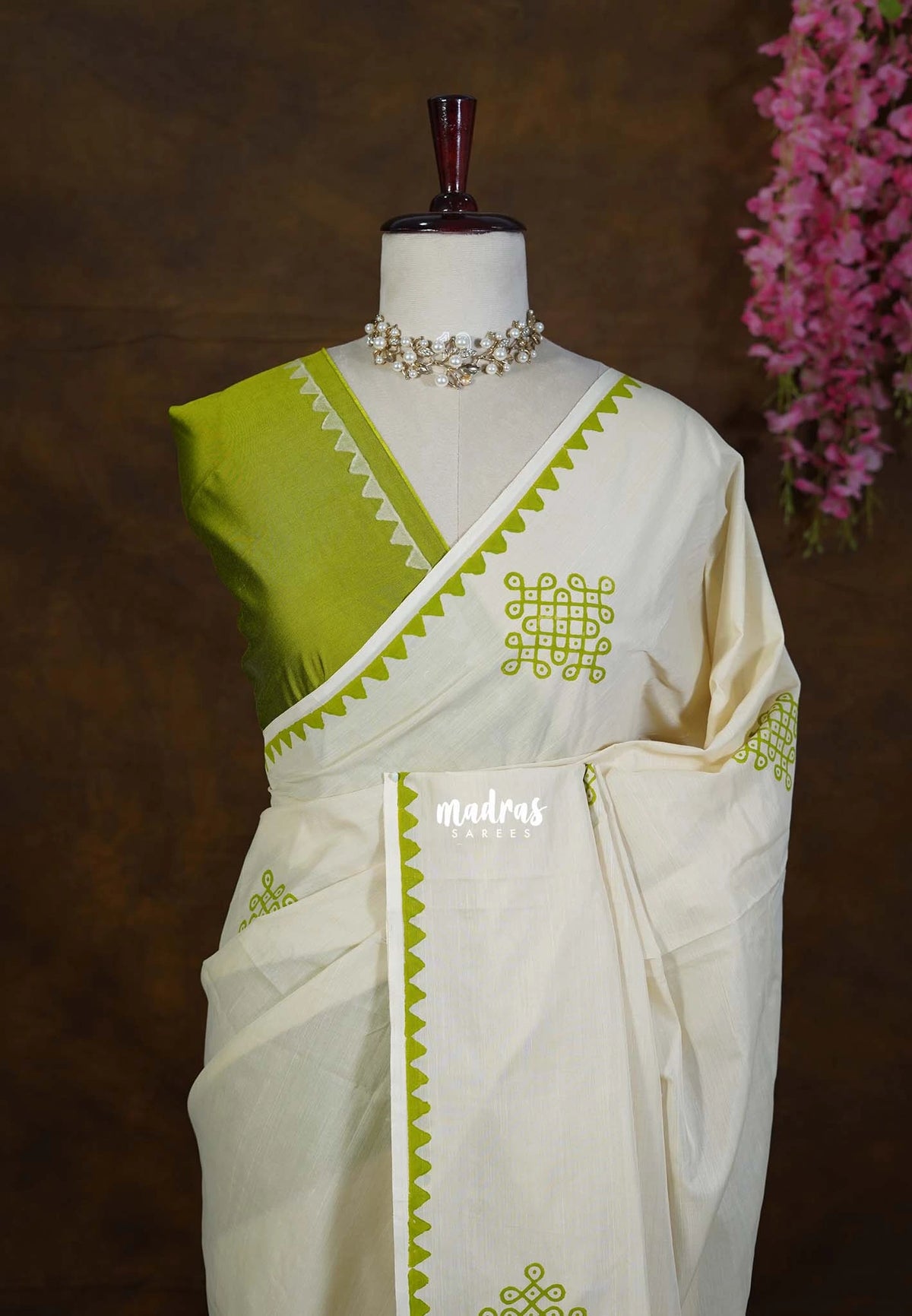 (PRE-BOOKING) Ivory Beige with Green - Oviyam - Madras Margazhi Special Handblock kolam Printed Bamboo Cotton Double Blouse Combo