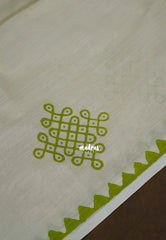 (PRE-BOOKING) Ivory Beige with Green - Oviyam - Madras Margazhi Special Handblock kolam Printed Bamboo Cotton Double Blouse Combo