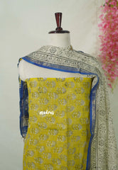 Amitha – Yellowish Green Hand Crafted Kota Doriya with Dabu Handblock prints Salwar Suit 3 Piece Set