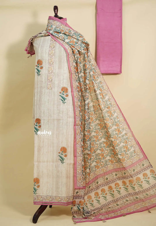 Amitha – Ivory with Rose Pink – Chanderi Silk Salwar Suit with Hand Kantha Stitches