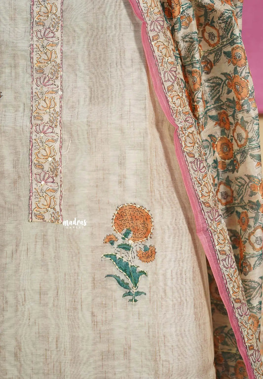 Amitha – Ivory with Rose Pink – Chanderi Silk Salwar Suit with Hand Kantha Stitches